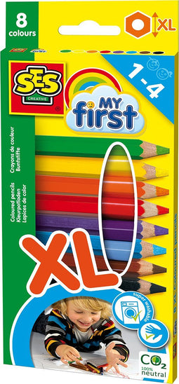 SES - My First - Kleurpotloden XL - korte en dikke potloden - 8 verschillende kleuren - ergonomische grip - vanaf 1 jaar - Speelgoed 1 jaar - Knutselen 1 jaar
