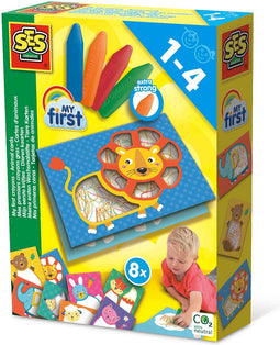 SES - My First - Mijn eerste krijtjes - Dieren kaarten - 8 kaarten met 5 heldere kleuren krijt - goed uitwasbaar