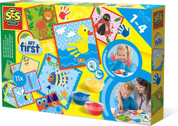 SES - My First - Mijn eerste kunstwerk - inclusief 3 kleuren vingerverf, penseel en 11 voorbedrukte kaarten - hypoallergeen - makkelijk uitwasbaar