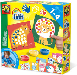 SES - My First - Vingerafdruk verf kunstwerk - 3 kleuren vingerverf - 10 kleurplaten met dieren - hypoallergeen - makkelijk uitwasbaar
