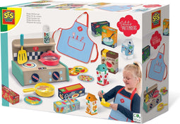 SES - Petits Pretenders - Mega keuken set - houten keuken en schort - inclusief pannen, gerechten en supermarkt producten