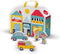 SES - Petits Pretenders - Winkelstraat speelkoffer en speelmat - speelkoffer met 3 winkels, speelkleed en 4 houten speelfiguren