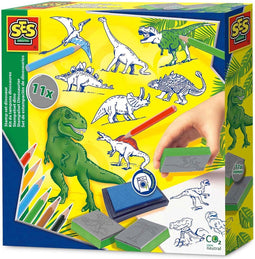 SES - Stempelset dino - 11 Dinosaurus stempels van foam - met stempelkussen, kleurpotloden en tekenpapier - knutselen jongens - Dinosaurus Speelgoed