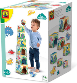 SES - Tiny Talents - Stapelblokken toren met dinosaurus figuren - Montessori - 7 stapelblokken met 3 speel dino's - mooi geïllustreerd - Speelgoed 1 jaar