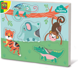 SES - Tiny Talents - Voelpuzzel dieren - aap, olifant, krokodil, tijger en kameleon - inclusief stukjes vacht structuur - Speelgoed 1 jaar
