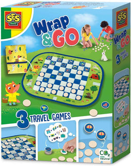 SES - Wrap&Go reisspellen - Dammen - Memo - Ik ga op reis en ik neem mee - 3 in 1 - travel size - speelbord is de bewaartas - houten onderdelen