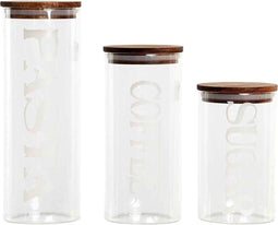 Set van 3 Potjes DKD Home Decor 10,2 x 10,2 x 27,7 cm Natuurlijk Transparant Acacia Letters Borosilicaatglas