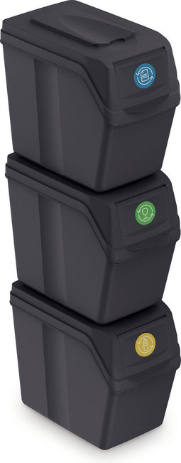 Set van 3x kunststof afvalscheidingsbakken antraciet/donkergrijs van 20 liter - Scheidingsprullenbakken