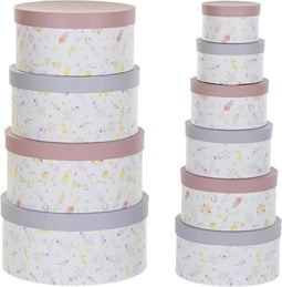 Set van opstapelbare opbergboxen DKD Home Decor Blommor Strepen Blauw Lila Wit Multicolour Karton (37,5 x 37,5 x 18 cm)