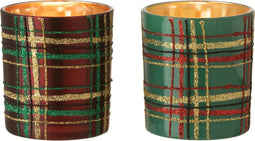 J-Line kaarshouder - theelichthouder Geruit - glas - rood/groen - small - 2 stuks