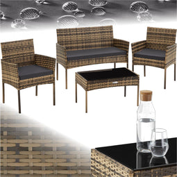 tectake® Wicker tuinset Palese - Zitgroep voor 4 personen - Loungebank met salontafel en 2 tuinstoelen - Waterafstotend - Grijs