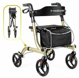 Medzone Fortis - Rollator - Lichtgewicht Opvouwbaar Zitfunctie - Champagnegoud