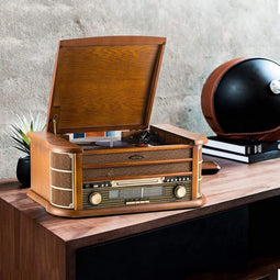 Shuman Retro 7-in-1 platenspeler, draadloze verbinding, Home Audio Center met afstandsbediening, vin