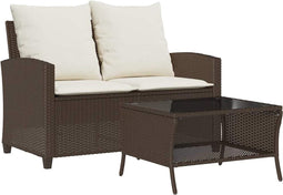 vidaXL - Tuinbank - 2-zits - met - kussens - & - tafel - poly - rattan - bruin