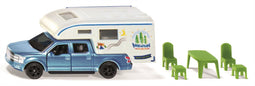 Siku Ford F150 Pick-up camper metaal/kunststof blauw/wit stoelen krukken en tafel uitschuifbare luifel