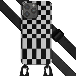 Selencia Hoesje Geschikt voor iPhone 15 Pro Max Hoesje Met Koord - Selencia Siliconen design hoesje met afneembaar koord - Zwart / Irregular Check Black