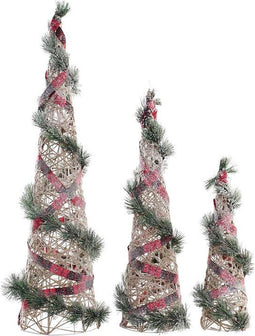 Decoratie DKD Home Decor Kerstmis LED Kegels 3 Onderdelen Rotan Besneeuwd (20 x 20 x 80 cm)