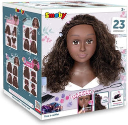 Smoby - Afro-haarstylinghoofd - Gemakkelijk te stylen - 23 realistische accessoires - Warmtegevoelige lippen - Opbergluik
