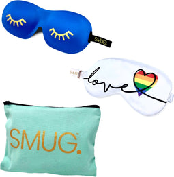SMUG 3D en Satijnen Slaapmasker Duo Pack met Opbergzakje - 100% Verduisterend Oogmasker - Pride Love Print & Wink Print, Blauw