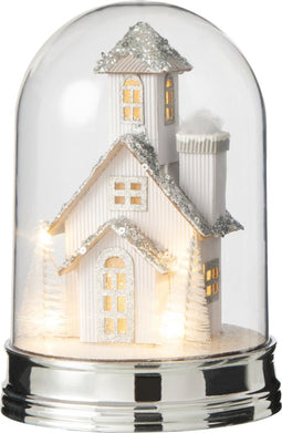 J-Line decoratie Stolp Winter Huis - kunststof - wit - small - LED lichtjes