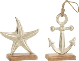 J-Line decoratie Zeester + Anker - aluminium - zilver - small - 2 stuks