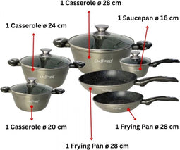 Cheffinger CF-FA1010-BLK - 10-delige pannenset - Marmercoating - Zwart (10 stuks)