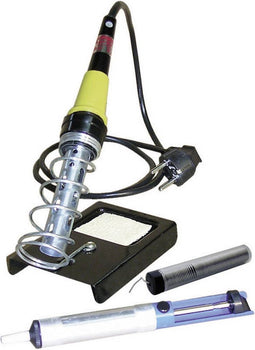 Soldeerset met tin en desoldeerpomp en houder