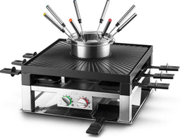 Solis Combi Tafelgrill 3 in 1 796 Gourmetstel 8 Personen - Fondue, Raclette & Grill - Fondueset - Anti Aanbaklaag - 1.3L Fonduepan - Zilver/Zwart