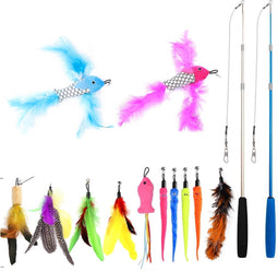 Somstyle Kattenhengel Set - Kattenspeeltjes - 12-Delig - Interactief Kattenspeelgoed - Kat Speelhengel Met Veren - Speelhengel Vis, Kat en Kitten