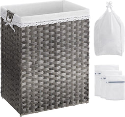 SONGMICS Wasmand, 90 liter, wasverzamelaar, uitneembare binnenzak, 2 waszakken van stof, 3 wasnetten, handgrepen, rotan-look, speelgoedopslag, voor badkamer, slaapkamer, grijs LCB390G01
