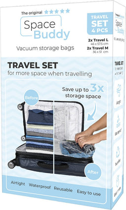Space Buddy, Vacuümzakken - 4-delige set - Opbergzakken voor thuis en onderweg - Kleding opbergen - Vacuum Reiszakken - Vacuümopbergzakken in 2 maten - Vacuum Bags - Vacumeerzakken - - Vacuumzakken kleding herbruikbaar