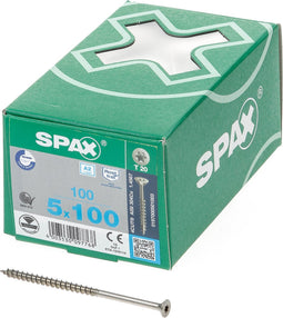 Spax Spaanplaatschroef platverzonken kop RVS T-Star T20 deeldraad 5.0x100mm (per 100 stuks)