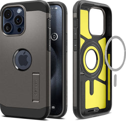 Spigen Tough Armor Hoesje geschikt voor Apple iPhone 15 Pro Max | Compatible met MagSafe | Back Cover Hoesje | Uitklapbare Kick Stand | Gunmetal