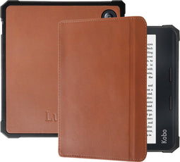 Lunso - Geschikt voor Kobo Libra 2 hoes (7 inch) - Lederen sleep cover - Cognac