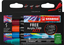 STABILO FREE - Acryl Marker - T300 - Ronde Punt - 2-3 mm - Set Urban - Met 5 Verschillende Kleuren