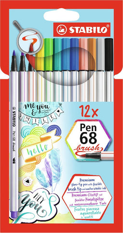 STABILO Pen 68 - Premium Brush Viltstift - Met Flexibele Penseelpunt - Etui Met 12 Verschillende Kleuren
