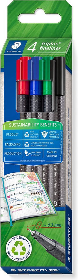 Staedtler Triplus fineliner eco, doosje van 4 stuks, assorti