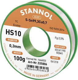 Stannol HS10 2,5% 0,3MM SN99,3CU0,7 CD 100G Soldeertin, loodvrij Loodvrij, Spoel Sn99,3Cu0,7 100 g 0.3 mm