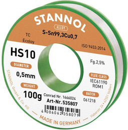 Stannol HS10 2,5% 0,5MM SN99,3CU0,7 CD 100G Soldeertin, loodvrij Loodvrij, Spoel Sn99,3Cu0,7 100 g 0.5 mm