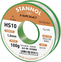 Stannol HS10 2,5% 1,0MM SN99,3CU0,7 CD 100G Soldeertin, loodvrij Loodvrij, Spoel Sn99,3Cu0,7 100 g 1 mm