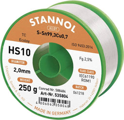 Stannol HS10 2510 Soldeertin, loodvrij Spoel Sn99,3Cu0,7 250 g 2 mm