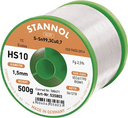 Stannol HS10 2510 Soldeertin, loodvrij Spoel Sn99,3Cu0,7 500 g 1.5 mm