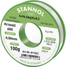 Stannol Kristall 600 Fairtin Soldeertin, loodvrij Loodvrij Sn96,5Ag3Cu0,5 REL0 100 g 0.5 mm