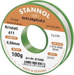 Stannol Kristall 611 Fairtin Soldeertin, loodvrij Loodvrij Sn96,5Ag3Cu0,5 REM1 100 g 0.5 mm