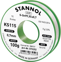 Stannol KS115 Soldeertin, loodvrij Spoel Sn99,3Cu0,7 ROM1 100 g 0.7 mm