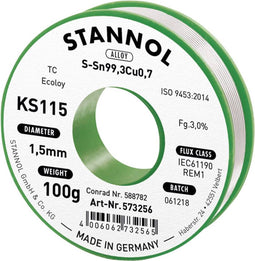 Stannol KS115 Soldeertin, loodvrij Spoel Sn99,3Cu0,7 ROM1 100 g 1.5 mm