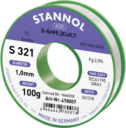 Stannol S321 2,0% 1,0MM SN99,3CU0,7CD 100G Soldeertin, loodvrij Loodvrij, Spoel Sn99,3Cu0,7 ORH1 100 g 1 mm
