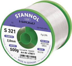 Stannol S321 2,0% 2,0MM SN99,3CU0,7CD 500G Soldeertin, loodvrij Loodvrij, Spoel Sn99,3Cu0,7 ORH1 500 g 2 mm