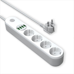 Stekkerdoos - Met USB en schakelaar, 4-voudige, 4 x USB-A snellader, 2500 W, 2 meter snoer - Voor smartphones/tablets - Wit - ACROPAQ