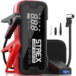 Strex 12V Jumpstarter voor Auto met Compressor - 4000A / 24.000 mAh - 5-in-1 Starthulp met Compressor, Powerbank, LED Zaklamp en SOS Noodlicht - Incl. Hardcover